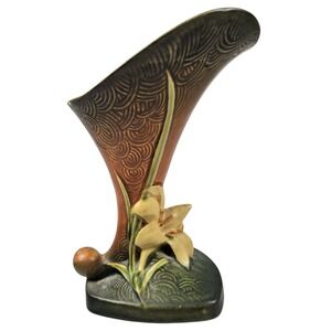 Roseville Pottery Clematis Cornucopia Vase 204-8 Brown Green Floral Vintage 1944